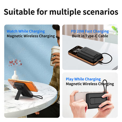 Stylish 10000mAh Magnetic Wireless Power Bank, 15W Wireless Charging(5W/7.5W/10W/15W), Built-in TypeC Cable with Max 22.5W Output, Foldable Kickstand Portable Charger