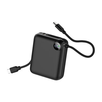 10000mAh Compact Portable Power Bank Fast Charge With Two Built‑in Bidirectional Type‑C Cables, Extra Type‑C Port LED Digital Display Fashion Mini External Battery Pack