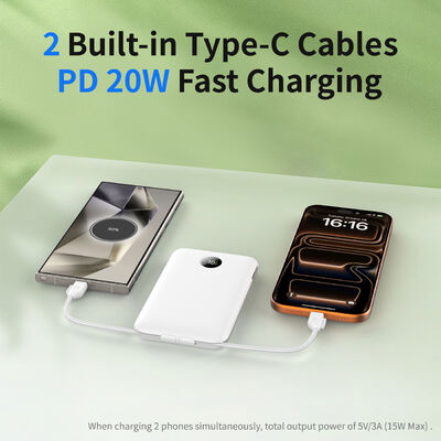 Built In Cable Power Bank Slim Portable Charger Providing Power Supply and Built In Connectors for Mobile Devices and Gadgets