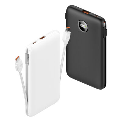 Built In Cable Power Bank Slim Portable Charger Providing Power Supply and Built In Connectors for Mobile Devices and Gadgets