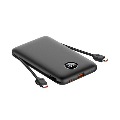 Built In Cable Power Bank Slim Portable Charger Providing Power Supply and Built In Connectors for Mobile Devices and Gadgets