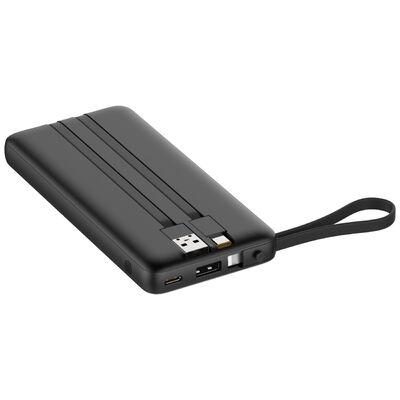 Portable 10000mAh External Battery Charger, 3 Built‑in Charging Cables(Type‑C / Lightning / USB), Fast Charge Power Bank with Type‑C Input‑Output & USB‑A Output, LCD Screen Power Indicator