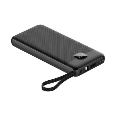 Portable 10000mAh External Battery Charger, 3 Built‑in Charging Cables(Type‑C / Lightning / USB), Fast Charge Power Bank with Type‑C Input‑Output & USB‑A Output, LCD Screen Power Indicator