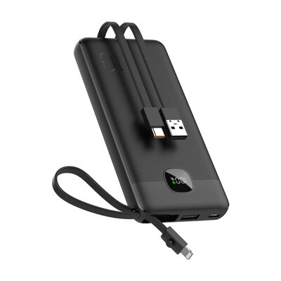 Portable 10000mAh External Battery Charger, 3 Built‑in Charging Cables(Type‑C / Lightning / USB), Fast Charge Power Bank with Type‑C Input‑Output & USB‑A Output, LCD Screen Power Indicator