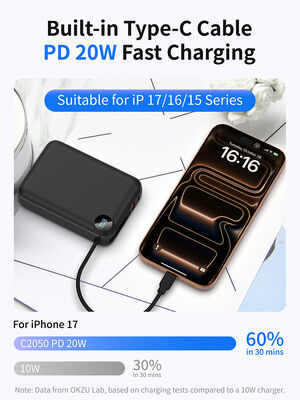 20000mAh High-Capacity Power Bank with Built-in Type-C Cable | 22.5W Fast Charging, USB-A & LCD Display