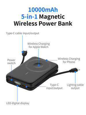 3-in-1 Magnetic Wireless Power Bank 10000mAh | Built-in Type-C & Lightning Cables, Apple Watch Charger & LCD Display