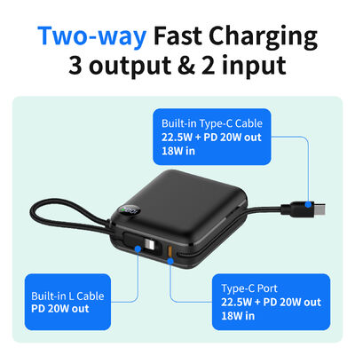  Compact Mini Protable Charger,10000mAh Power Bank with Built-in Type-C & Lightning Cables | 22.5W Fast Charging & LCD Display